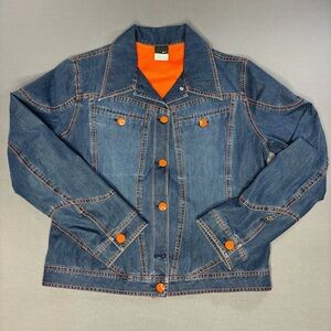 Nike Denim Jacket Womens Large Vintage Blue Orange Swoosh Button Mesh Lining Y2K
